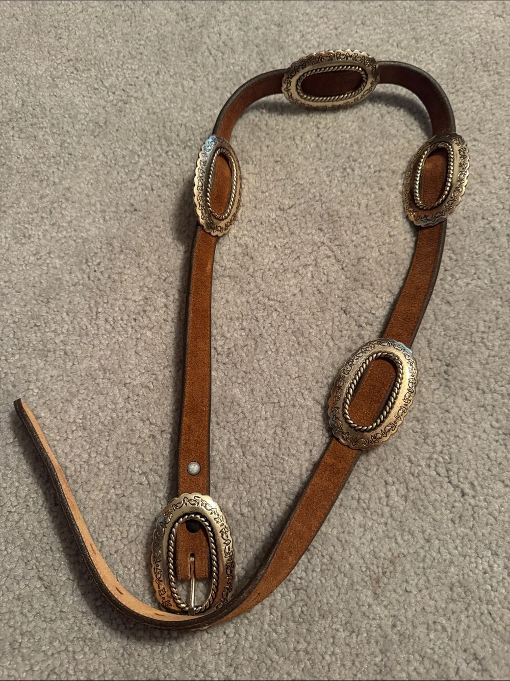 Vintage Brazos Joe Tan Suede Western Concho Belt with Gold Buckles